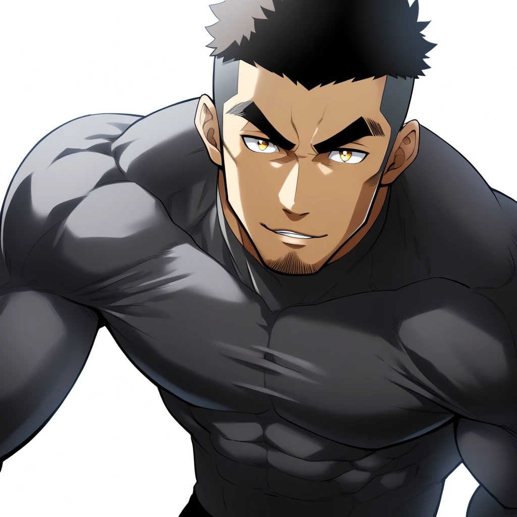 one negro, anime characters：Gyee, Hibino Kafka, Muscle Sports Student, negro black skin, Very Black, muscular tough guy, Manliness, male focus, Grey long sleeve turtleneck tight t-shirt, Regular symmetrical pattern, Very tight, muscular male, muscular, only, Upper body, alone, Black short hair, Thick eyebrows, stubble, Yellow eyes, White background, simple background, amazing quality, best aesthetics, Ridiculous, bright pupils, crew cut, parted lips, seductive smile, torogao, naughty face, best quality