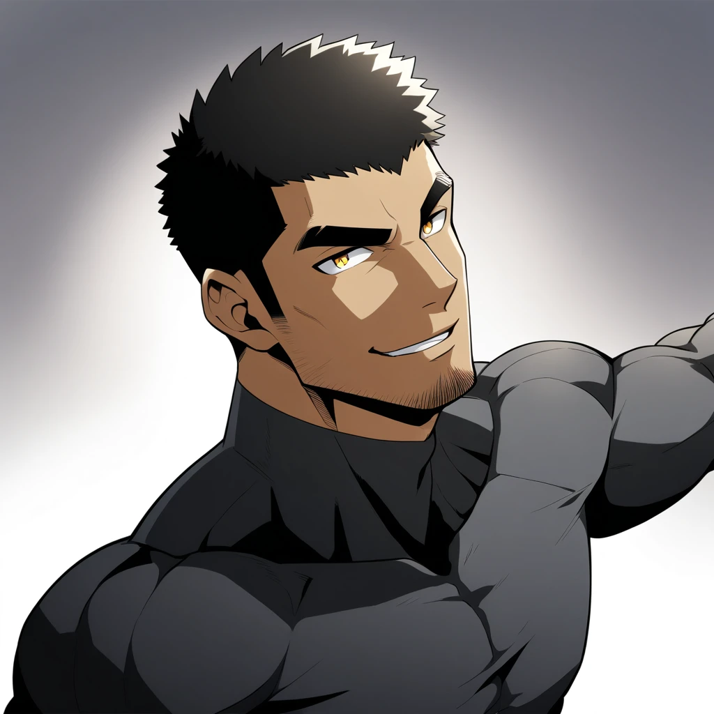 one negro, anime characters:Gyee, Hibino Kafka, Muscle Sports Student, negro black skin, Very Black, muscular tough guy, Manliness, male focus, Grey long sleeve turtleneck tight t-shirt, Regular symmetrical pattern, Very tight, muscular male, muscular, only, Upper body, alone, Black short hair, Thick eyebrows, stubble, Yellow eyes, White background, simple background, amazing quality, best aesthetics, Ridiculous, bright pupils, crew cut, parted lips, seductive smile, torogao, naughty face, best quality