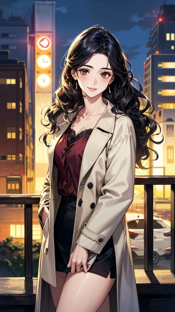 (masterpiece:1.2, Highest quality), (Realistic, photoRealistic:1.4), Beautiful illustrations, (Natural Side Lighting, Cinema Lighting), ,
View your viewers, 1 Girl, Japanese, 30 years old,Perfect Face, Cute and symmetrical face, Shiny skin,
(Medium Wavy Hair, Black Hair), Brown eyes, Long eyelashes,
Beautiful Hair, Beautiful Face, Beautiful attention to detail, Beautiful clavicle, Beautiful body, Beautiful breasts, Beautiful thighs, Beautiful feet, Beautiful fingers,
blouse, ((白いblouse, 開いた茶色のcoat)), coat, Black Skirt, Hair Ribbon,
(Beautiful views), (night), (city, cityscape in the distance)、 Standing, A soft smile、(Smile, Lips parted),