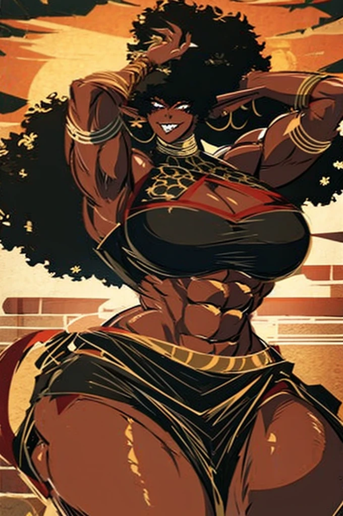 (masterpiece, best quality:1.2),1 girl, voluptuous body, full body, masterpiece, dominant pose, good anatomy, no extra limbs, big ass, thick thighs, black hair, voluminous afro, pointy ears, gold earrings, black top with red details, black skirt with red details, gold necklaces wide hips muscular female