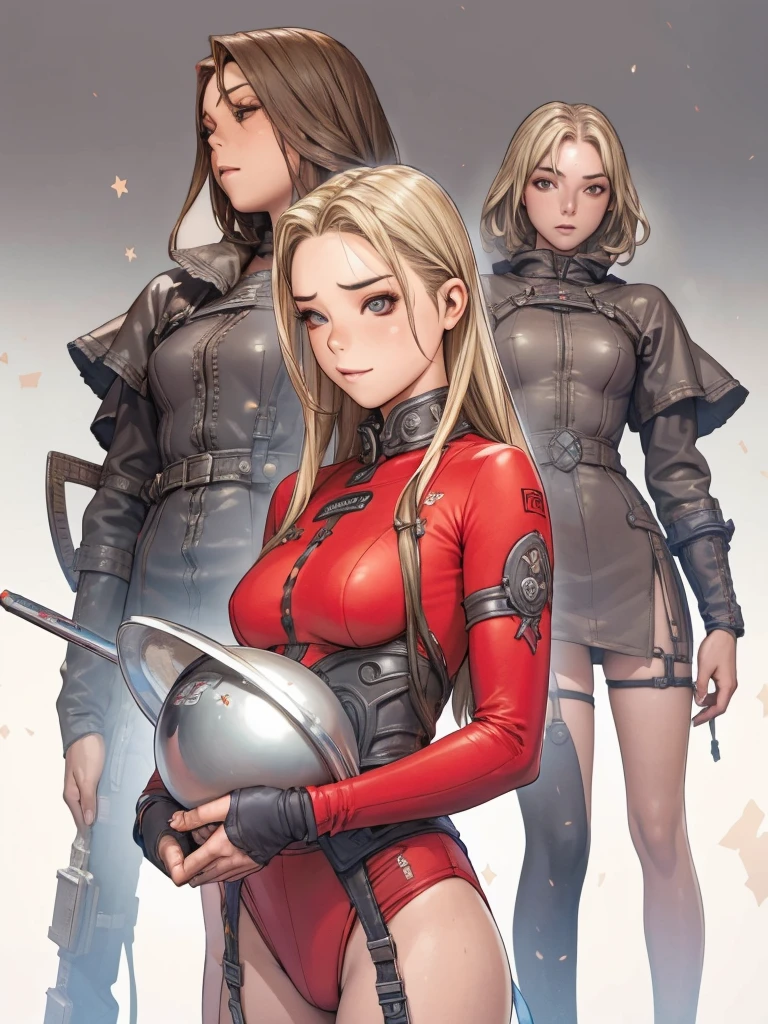 (((Dark red Suit with white stars))), (((cabelo bob branco))), (((devilish smile))), (((melhor qualidade: 1.4))), (((blonde hair))), (((DuneWalker))), (((post-apocalypse))), (Unbeatable masterpiece), (hiper HD),(CG 8k hiper-realista), 1Garota armada em um mundo futurista usando roupas coloridas e modernas. Corte de cabelo ultra moderno, perfect body with robotic parts, seios grandes, bunda perfeita, muscles without exaggeration, rosto lindo com olhos azuis penetrantes, add textures to clothes and create something different from the usual, add accessories like garter belt, espartilho e luvas com listras, pele bronzeada e com brilho de molhado, industrial environment with giant heavy machines, Intricate machinery and giant robot parts