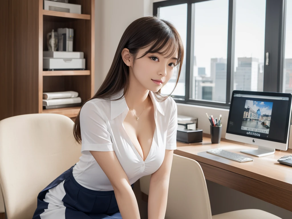 ((Highest quality, 8k, masterpiece :1.3)), whole body, Sharp focus :1.2, Beautiful woman with perfect figure :1.4, , Big Breasts :1.2, Body Dress :1.1, Highly detailed face and skin texture, Fine grain, double eyelid, Small Bust, OL Uniform, office Wear, White T-shirt, Exposed cleavage, Indoor scene, office,japanese girl, jaanese idol