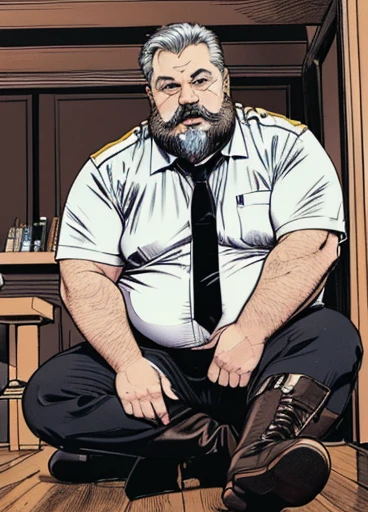 (handsome mature man plump chubby morbid extremely thick thighs bulging belly fat), older man, gray hair, white man, ( wearing,boots,stubble,police chief,bage,beard,old man,indoors,necktie,sitting,spread legs,), bulge, detailed glade on clothing, (fat and corpulent: 1.3), full beard very long, looking at the viewer, handsome man, detailed eyes, symmetrical face, mischievous smile, robust, mustache, longer hair, his body is lying sideways on the floor, front view. Conceptual art hyper detailed dynamic image.