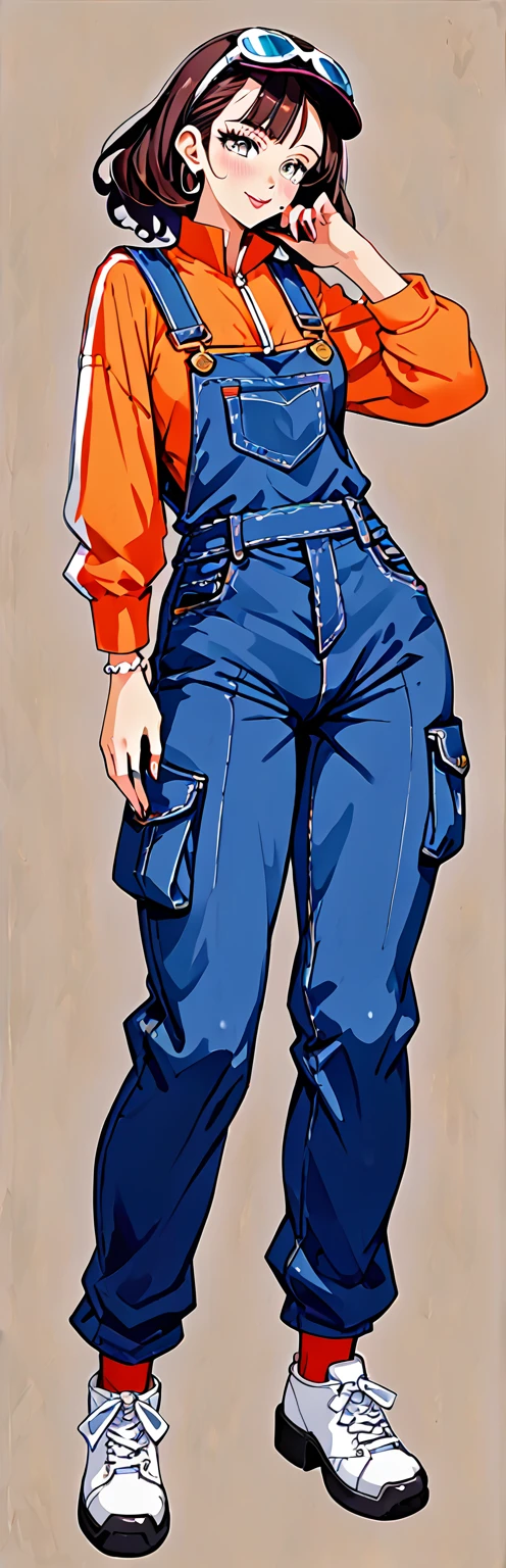 Uma mulher, cabelos brancos muito cacheados, white eyelashes, olhos azuis, jumpsuit with a large neckline, nua, dividindo a buceta, Overalls that are too tight, cara de desconforto, hand with the finger pokes the pussy's overalls