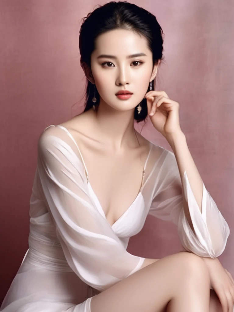 liuyifei bikini, open leg, wet pussy, clear skin, natural makeup, subtle lipstick, serene expression, framing face with hands, delicate pose, studio lighting, high-resolution image,  fashion accessories, skincare advertisement aesthetic, youthful appearance, elegance, simplicity in composition, portrait orientation.,