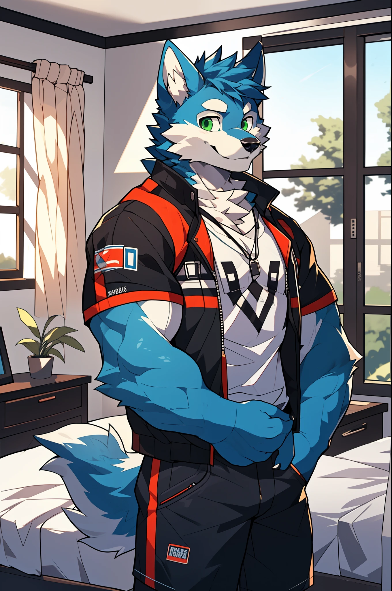 (high definition, Dynamic HDR, 4k, Full HD), furry, 18 years old, relax, blue fur, wolf, Big one, blue fur, green_eyes, Random clothes, A smile on his face., bedroom, upper body, cute, handsome, muscle
