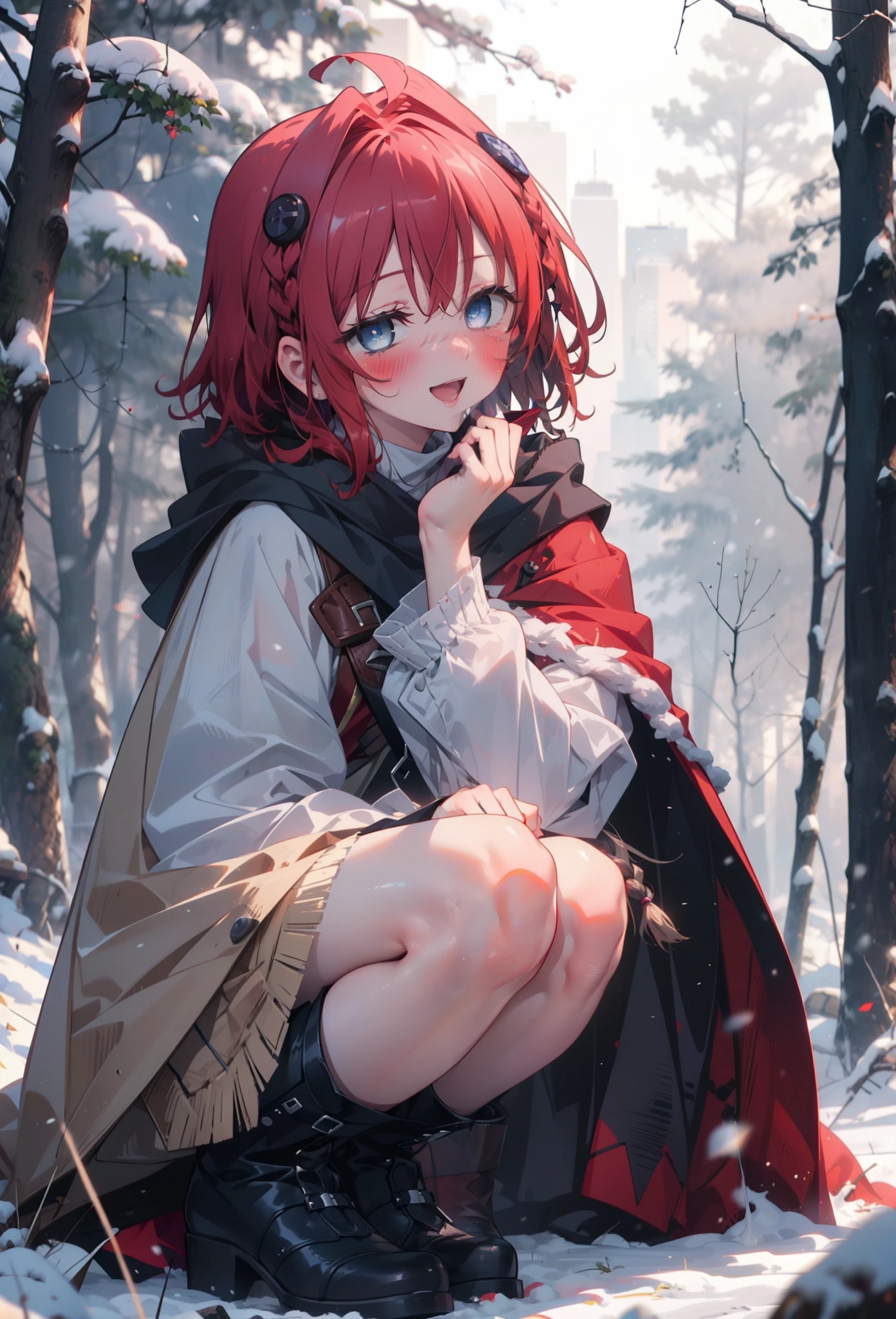 kurosaki mea,Redhead,Long Hair,Long braids,Purple eyes,smile,smile,blush,White Breath,
Open your mouth,snow,Ground bonfire,,Outdoor, boots, snowing, From the side, wood, suitcase, Cape, Blurred, , forest, White handbag, nature,  Squat, Mouth closed, Cape, winter, Written boundary depth, Black shoes, red Cape break looking at viewer, Upper Body, whole body, break Outdoor, forest, nature, break (masterpiece:1.2), Highest quality, High resolution, unity 8k wallpaper, (shape:0.8), (Beautiful and beautiful eyes:1.6), Highly detailed face, Perfect lighting, Extremely detailed CG, (Perfect hands, Perfect Anatomy),