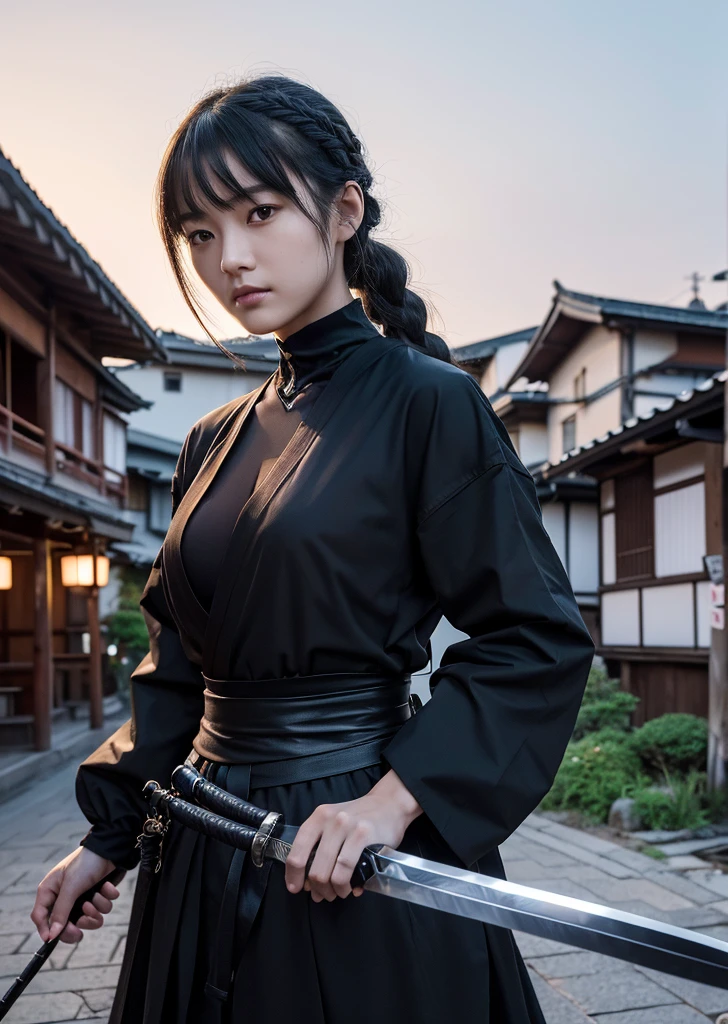 （Realistic, photo-Realistic:1.37),(8k, RAW Photos, Highest quality, masterpiece:1.2), cute, Ultra-detailed, 超High resolution, Kodak Vision Color, Filmed with an Arricam LT camera,Highest quality, sexy、Nipples are visible、Cleavage、Lively, 8K, High resolution, 1 girl, Escape, (Professional Lighting), (Portraiture:0.6), Arima Onsen townscape、Straight bangs、Japan House、Ninja House、 Braided hair、Braided Hair、Black Hair, (Medium Hair）,21 years old、slender、Japanese，Medium Hair、Arafed woman in black clothes holding sword and knife, Goth Ninja, Dramatic sword poses, , Ninja costume, The Bold Killer, Holding a black sword, wearing japanese techwear, She has a sword, warrior

