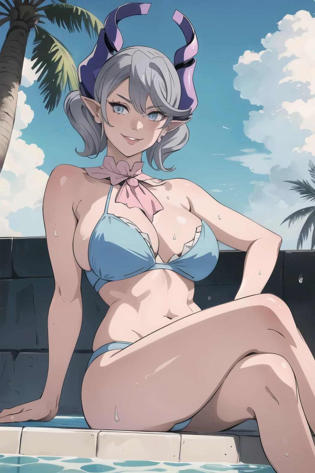 High level image quality best image quality 8K adult woman pool party palm trees more colors whole body view portrait blue bikini horn ears short hair((shortcut)(gray hair)(perm)(fluffy)) eye color is blue , pink sunglasses , attractive evil face , smile , sexy pose , labrynth , barearm , wearing pink shirt , sitting by the pool , crossed legs , all wet , wet hair , view from below