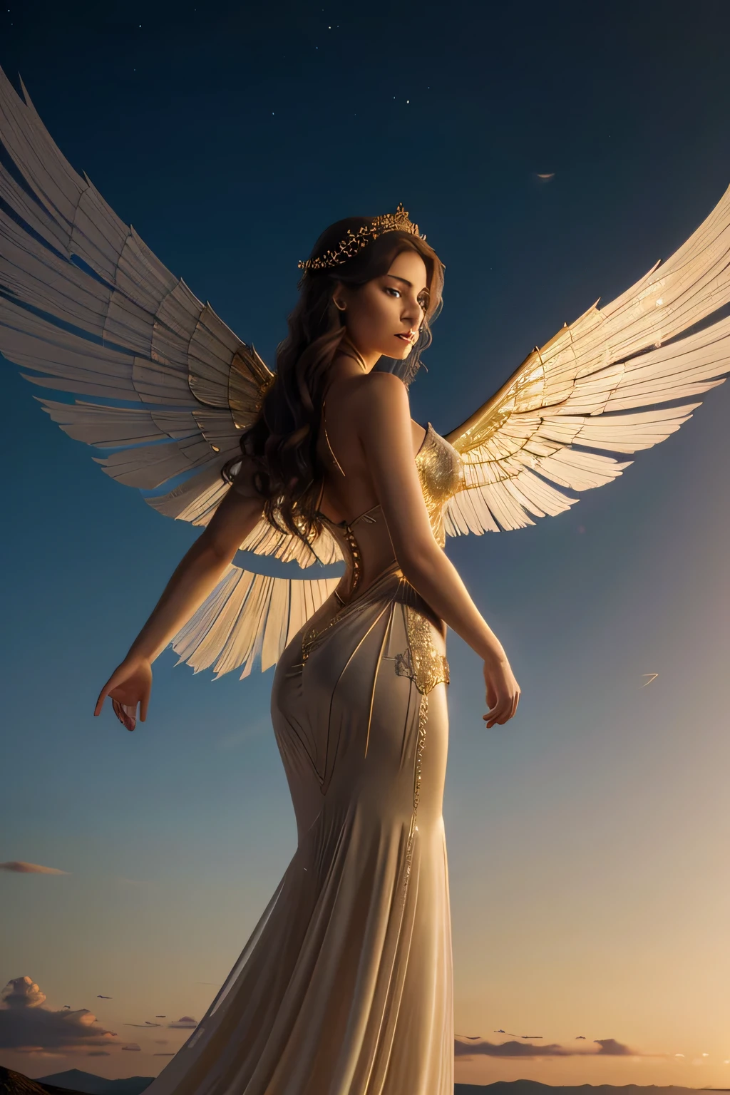 A stunning 3D render of Seraphina, the Angel of Twilight, created by the talented womansculptor Antonio Bellucci. Seraphina is a captivating figure with exquisite wings covered in delicate feathers that shimmer with hues of twilight. Her face is serene and peaceful, with golden hair cascading down her back. Wearing a flowing gown that resembles celestial clouds, she appears to be gracefully floating in the air. The overall atmosphere of the image is vibrant and mysterious, 