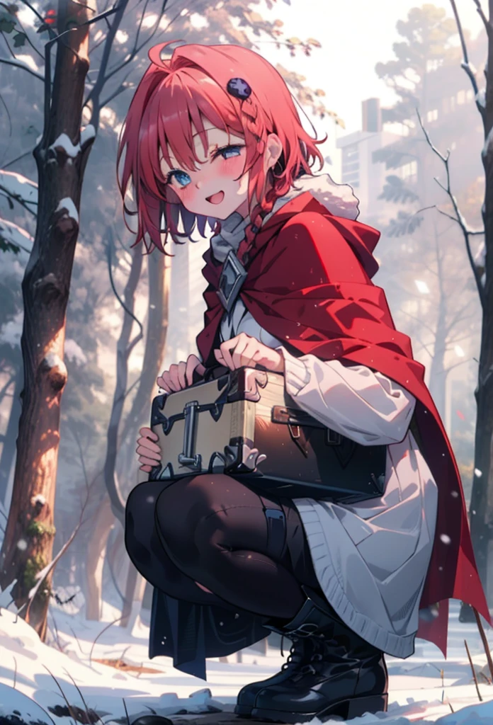 kurosaki mea,Redhead,Long Hair,Long braids,Purple eyes,smile,smile,blush,White Breath,
Open your mouth,snow,Ground bonfire,,Outdoor, boots, snowing, From the side, wood, suitcase, Cape, Blurred, , forest, White handbag, nature, Squat, Mouth closed, Cape, winter, Written boundary depth, Black shoes, red Cape break looking at viewer, Upper Body, whole body, break Outdoor, forest, nature, break (masterpiece:1.2), Highest quality, High resolution, unity 8k wallpaper, (shape:0.8), (Beautiful and beautiful eyes:1.6), Highly detailed face, Perfect lighting, Extremely detailed CG, (Perfect hands, Perfect Anatomy),