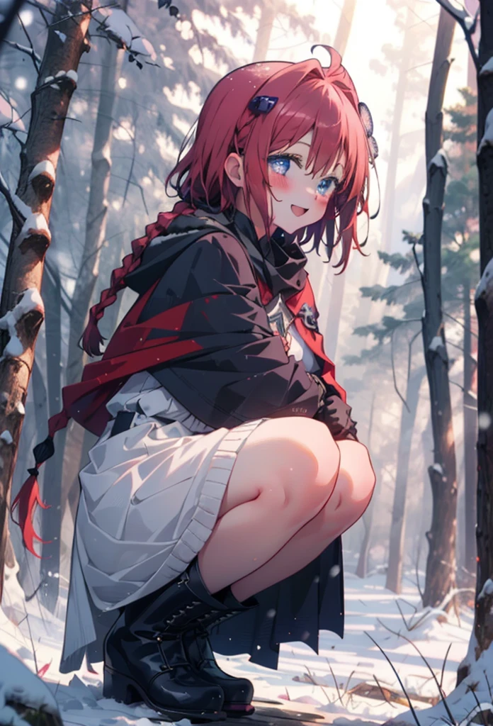 kurosaki mea,Redhead,Long Hair,Long braids,Purple eyes,smile,smile,blush,White Breath,
Open your mouth,snow,Ground bonfire,,Outdoor, boots, snowing, From the side, wood, suitcase, Cape, Blurred, , forest, White handbag, nature,  Squat, Mouth closed, Cape, winter, Written boundary depth, Black shoes, red Cape break looking at viewer, Upper Body, whole body, break Outdoor, forest, nature, break (masterpiece:1.2), Highest quality, High resolution, unity 8k wallpaper, (shape:0.8), (Beautiful and beautiful eyes:1.6), Highly detailed face, Perfect lighting, Extremely detailed CG, (Perfect hands, Perfect Anatomy),