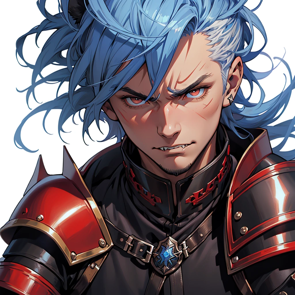 anime medieval art, masterpiece, best quality, male, 1 man, (((close-up face portrait))), detailed composition, detailed eyes, (((white background))), short spiky blue hair, brown eyes, angry face, (((wearing black clothes with red medieval armor))), cat ears, fangs