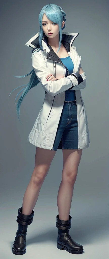 Blue Hair Surrealism, Character table, Reference Table, Standing painting, 8k, Super Detail, 1080P, Women HD, 4K, 8k, 16k, high resolution, best quality, high quality, Anatomically correct, masterpiece, precise, Ultra HD，grace，Unreal Engine，Delicate face，Long braids，slim，Long legs，miniskirt