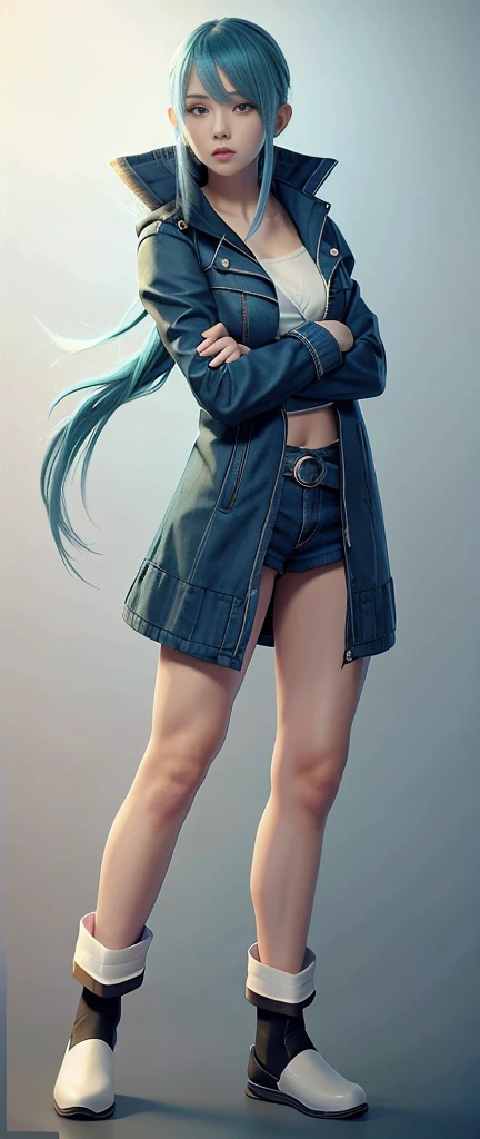 Blue Hair Surrealism, Character table, Reference Table, Standing painting, 8k, Super Detail, 1080P, Women HD, 4K, 8k, 16k, high resolution, best quality, high quality, Anatomically correct, masterpiece, precise, Ultra HD，grace，Unreal Engine，Delicate face，Long braids，slim，Long legs，miniskirt