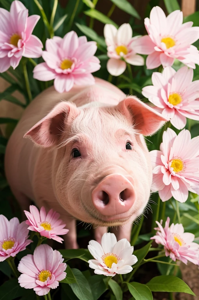 A pig with a beautiful flower blooming from its nose