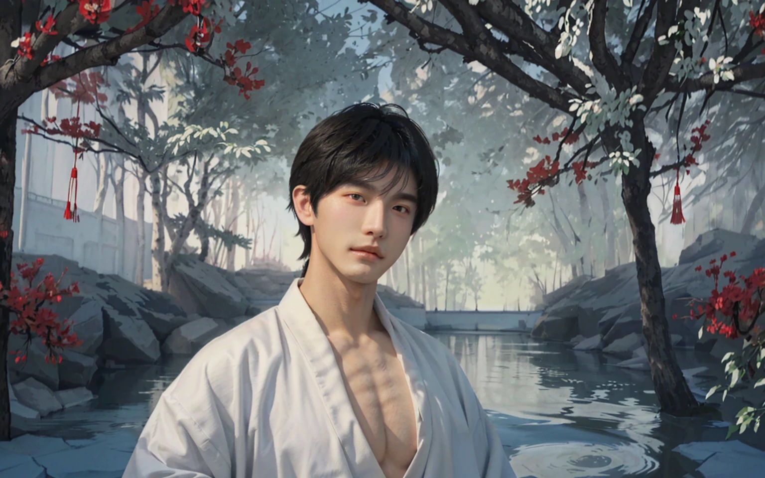 white robe good-looking boy, boy,handsome boy,traditional Chinese painting,traditional Chinese art,(((looking at you))),(gazing at you),muscular,huge wide chest,huge plump chest