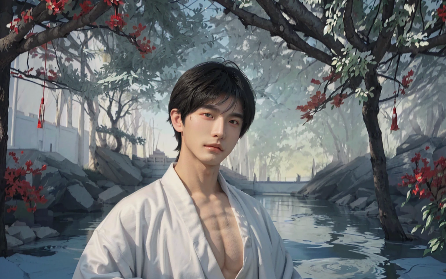 white robe good-looking boy,teenage boy,handsome boy,traditional Chinese painting,traditional Chinese art,(((looking at you))),(gazing at you),muscular,huge wide chest,huge plump chest