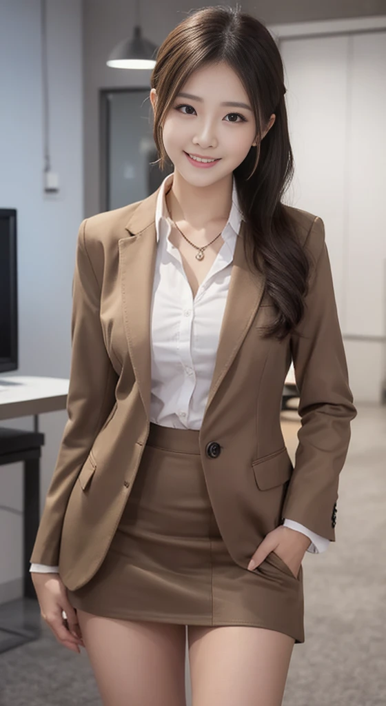 Highest quality, shape, Ultra The finer details, The finer details, High resolution, 8k wallpaper, Perfect dynamic composition, Beautiful and detailed eyes, Natural lips, Magic Uniform, Tight Skirt, Wearing a suit, Girl in suit, cute, Medium chest, ponytail , full length, One girl,, smile, office, necklace, Thighs, squat、Spread your legs、