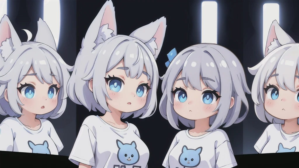 Hairy, white fur, ultra cute face, blue eyes, short hair, medium breasts, gray elements in the fur, bright t-shirt, beautiful lights and shadows, ambient light, ultra detailed hair, volumetric light