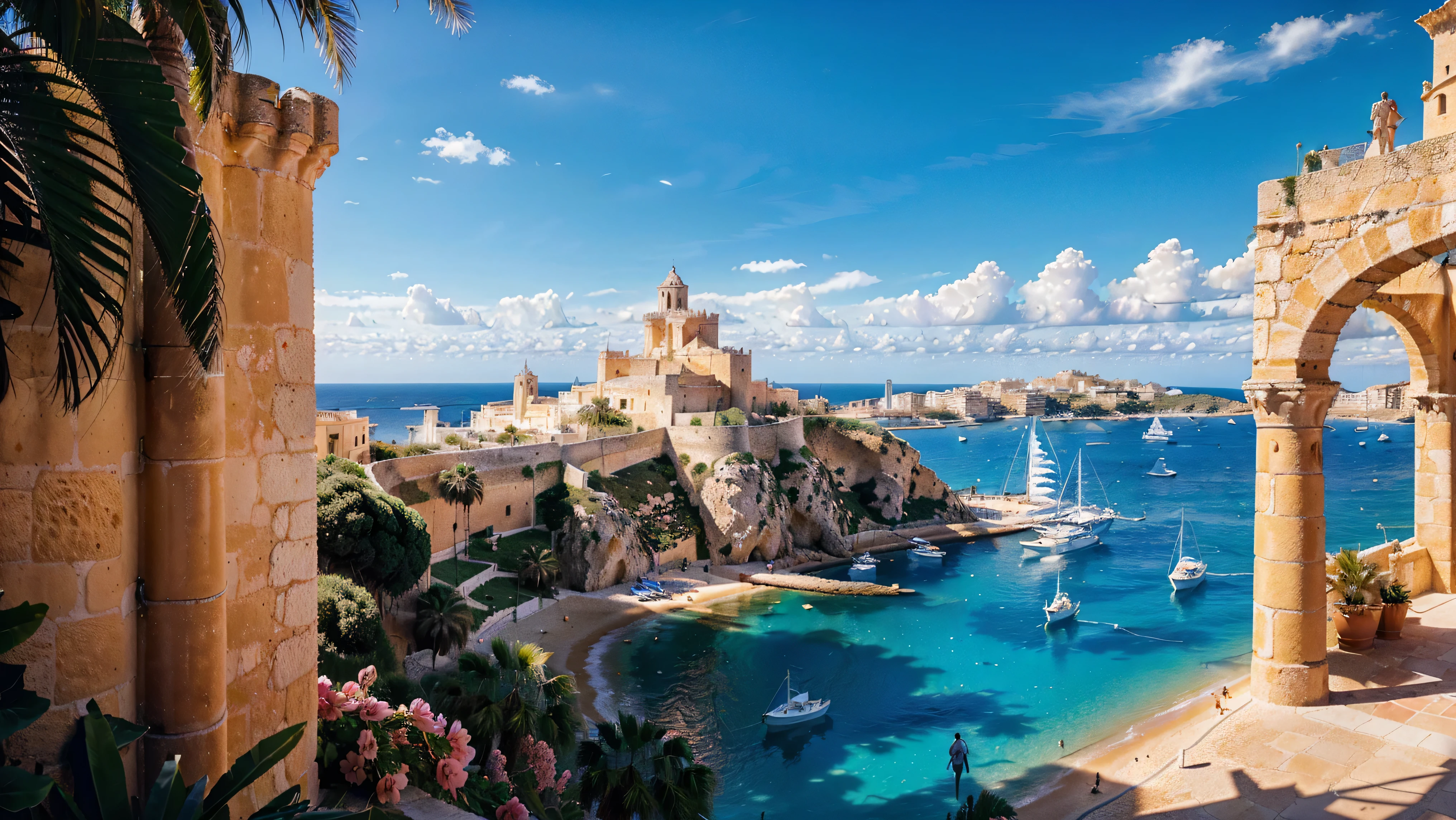 (ultra high definition, hiper-realista, altamente detalhado, alta qualidade, sharp focus, professional lighting, cores vivas, Detalhes intrincados), (Castelo de Ibiza em Ibiza, Espanha, Background with water, iates, barcos, arquitetura detalhada, Pessoas, atmosfera vibrante),