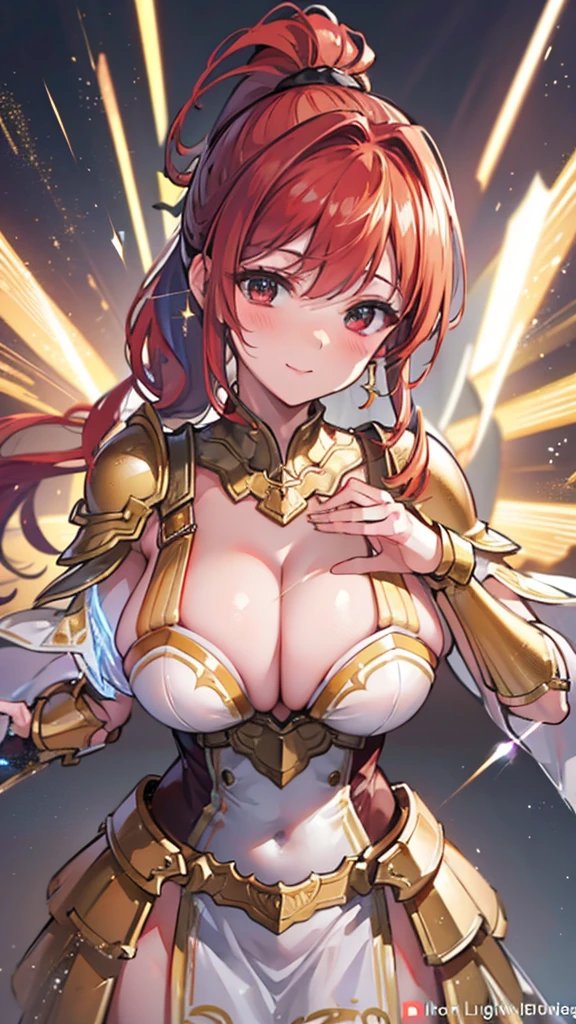 Gold Armor, 4K image, rallies, best quality, masterpiece, movie lighting ,Sexy,Large Breasts,Cleavage,action,In battle,cleavage,noble,Light beams from hands,Golden lightning all around,red hair,ponytail hairstyle,lipstick,Smile,calm,