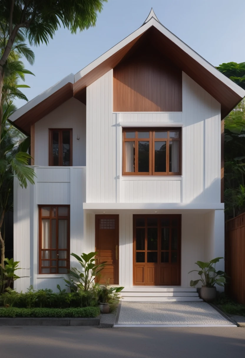 architecture, small 1 floor house in Viet Nam, wooden white wall cottage, beautiful modern house in a downtown, the small modern house in the town, white wall house, cottagecore!!, ((8k)), soothing and cozy landscape, peaceful wooden mansion, ((UHD)), 8k, high quality detail
