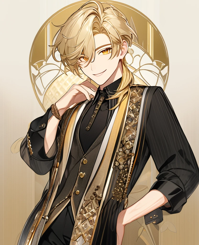  (Blonde_hair), (Golden_crystal_eyes), (detailed_eyes), (warm_smile), (attractive), (background_lounge), (male), (detailed_Hair), (detailed), wears a 19s type of fashion clothes