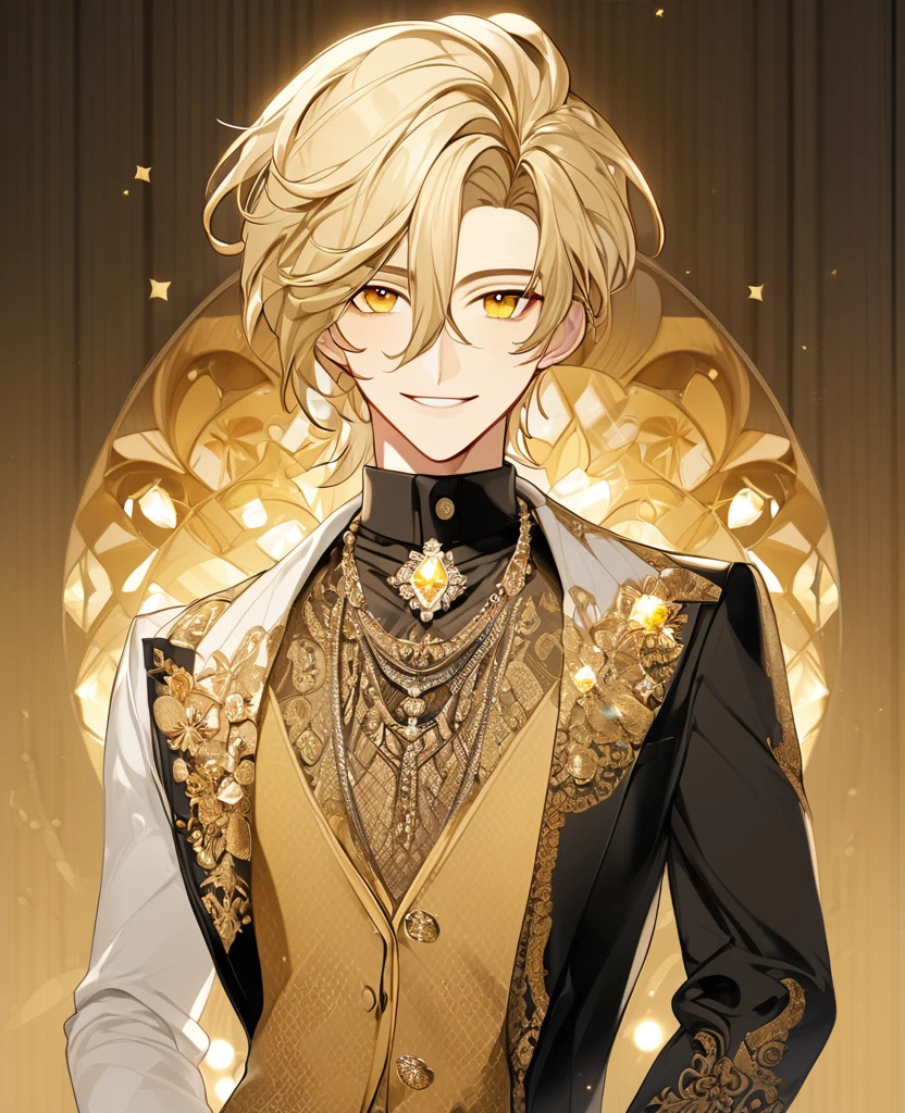  (Blonde_hair), (Golden_crystal_eyes), (detailed_eyes), (warm_smile), (attractive), (background_lounge), (male), (detailed_Hair), (detailed), wears a 19s type of fashion clothes