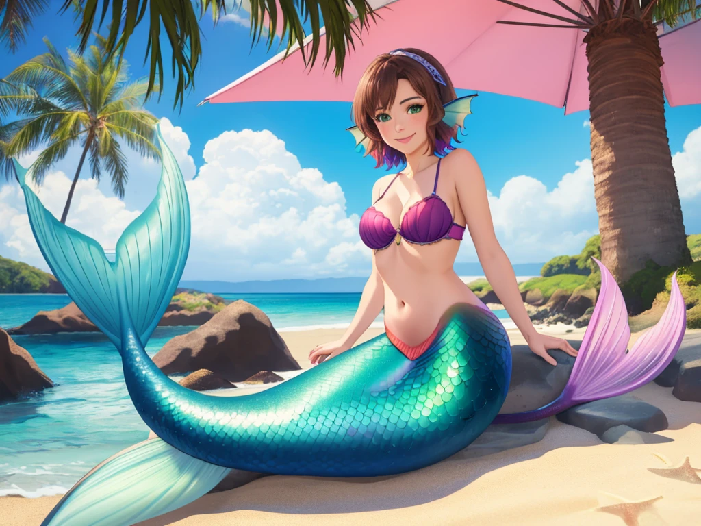 masterpiece, best quality:1.2), 1girl, smile, looking at viewer, green eyes, short brown hair, mermaid, mermaid girl, wearing purple seashell bra, laying on belly on beach, colorful mermaid tail, outdoors, head fins, fin ears