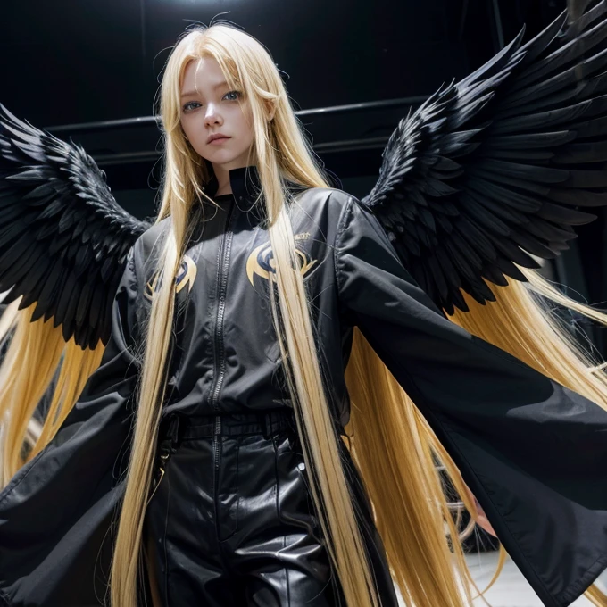 Angel, long yellow hair, blue eyes, four black wings, black clothes, multiple eyes flying around him