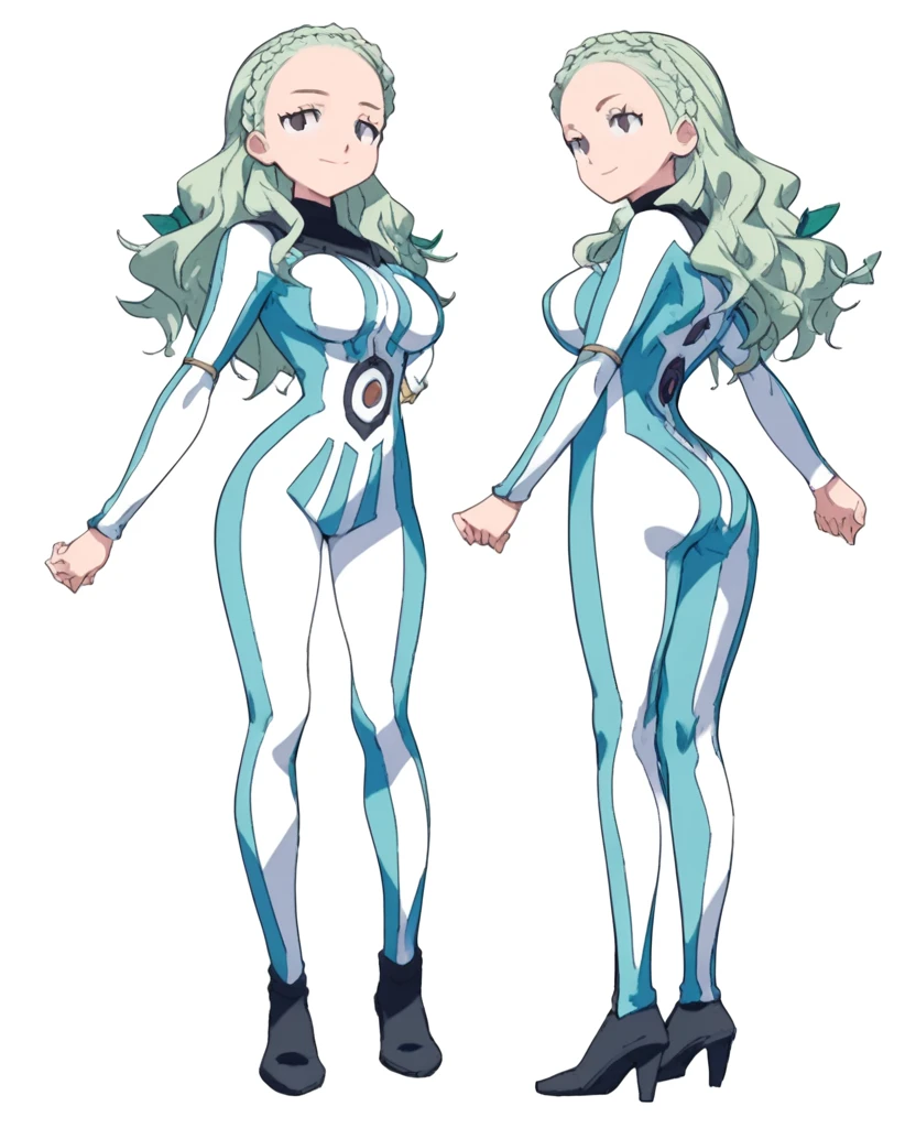 best quality,ultra detailed,looking at viewer,solo,score_9, score_8_up, score_7_up, score_6_up, score_5_up, score_4_up, source_anime, 1girl, guel, grey eyes, braid, empty eyes, green hair, long hair, large breasts,standing,(behind view,portrait),full body, face, smile, bodysuit, no shoes, wearing black heels, dark aura, big ass, muscle, full body, long legs, ass view