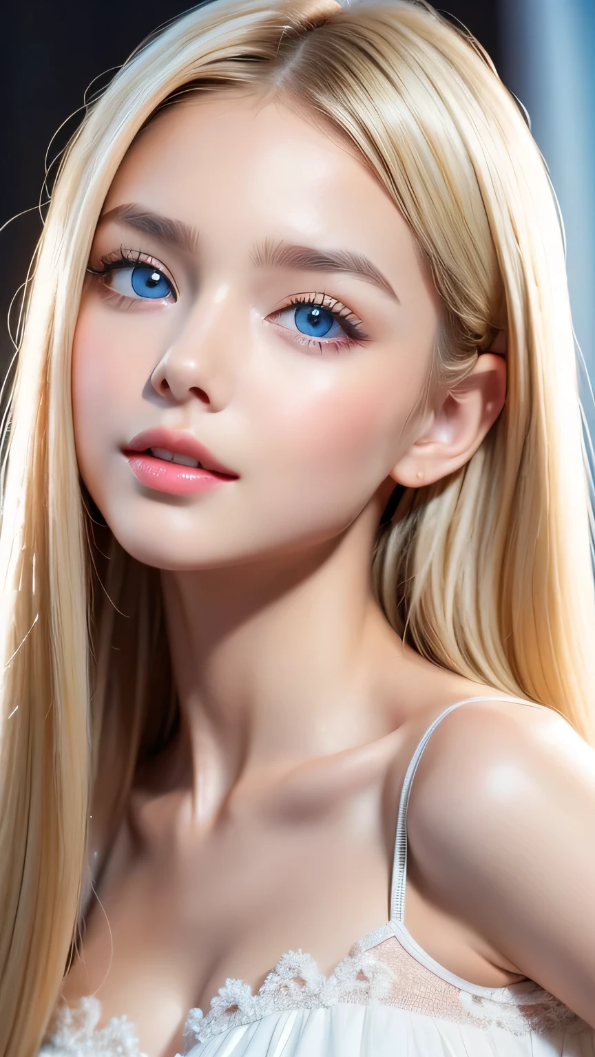 ((Glossy blonde hair and dazzling glossy hair))、A lovely little beautiful face of 、Bright expression、ponytail、A cute face that suits you、Bangs between the eyes、Long, lustrous bangs dancing in front of her pretty face、bangs that hide the face、(Very beautiful super long straight silky hair),Sexy cute young woman、Very big eyes、Sparkling, light, pale blue eyes、Small Face Beauty、Round face、White skin、Glowing Skin、Cheek gloss、Gloss Face、Young face、Lolita Face、