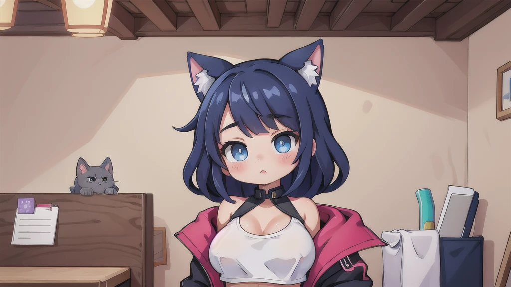 masterpiece:1.2, high quality, 最high quality, be familiar with_background,indoors,High resolution,there is nothing (solution 1988),black Jacket,Upper body,open clothes,disorganized,blue eyes,open Jacket,gradient background,looking at the viewer,play sports often,1 girl,short hair,bare shoulders,alone,animal ears,blue hair,Jacket,crop top,off shoulder,head tilt,Cat ear,big breast