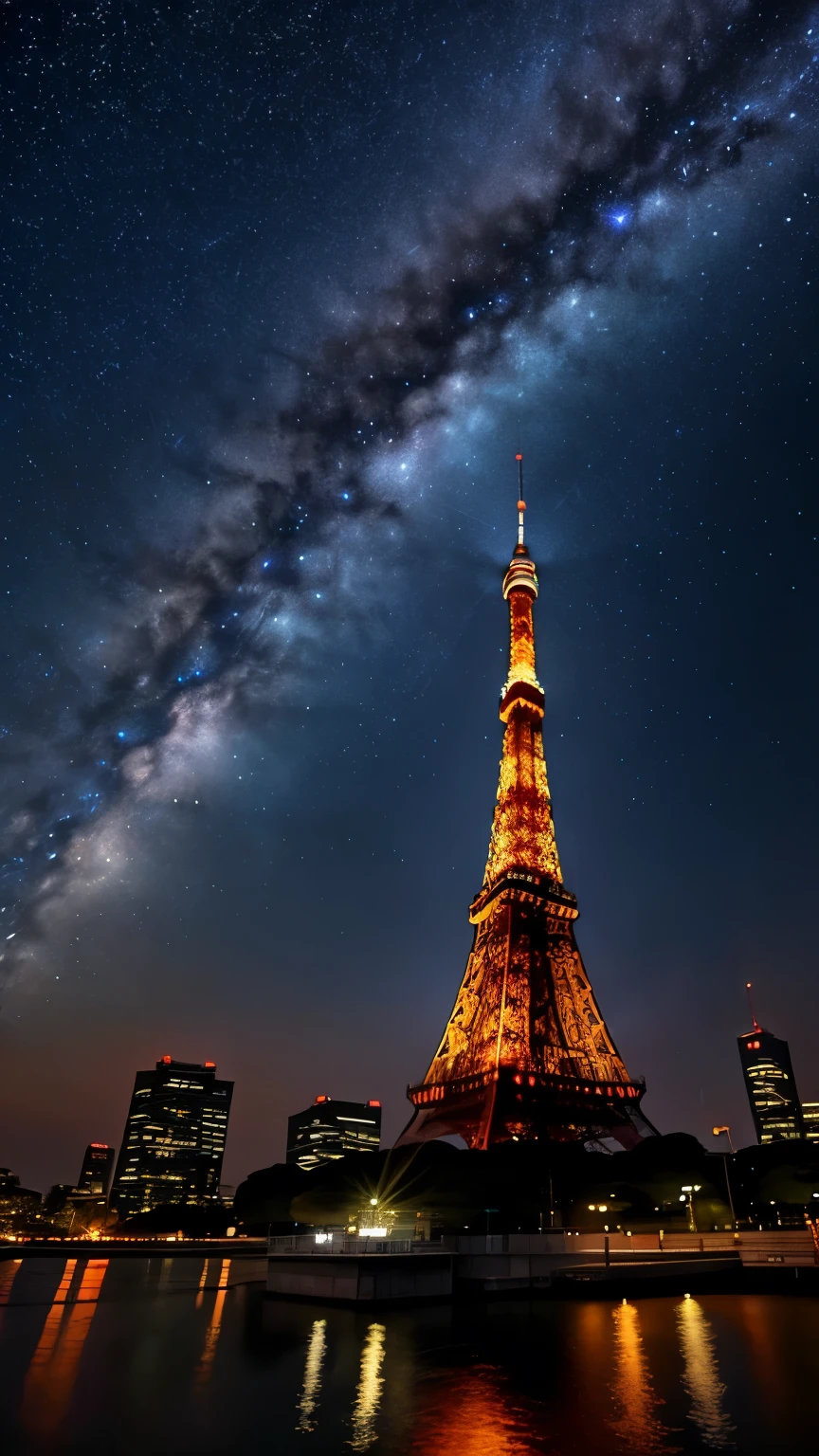 Lots of starry sky、shooting star、Tokyo Tower shines beautifully at night。Tokyo Tower is illuminated with orange light、The light shines in the night sky。There are many high-rise buildings around、The city's night view spreads out。The structure of the tower is depicted in detail.、The light is visible from afar。You can feel the quiet of the night and the hustle and bustle of the city at the same time.、