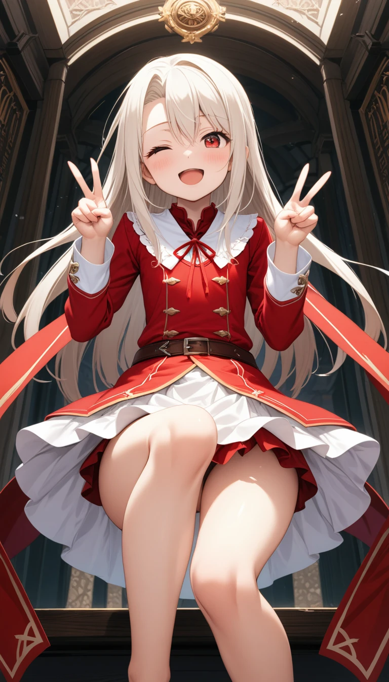 (masterpiece, best quality, very aesthetic, ultra detailed), intricate details,
1girl, illyasviel von einzbern, fate \(series\), white hair, red eyes, one eye closed, open mouth, skirt, double v, smile,showing feet