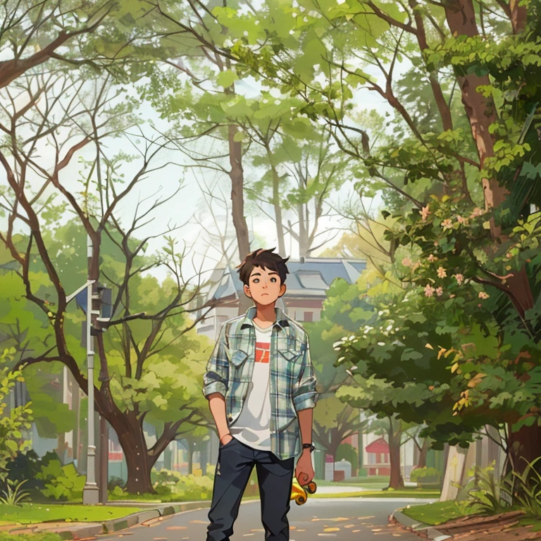 arafed man standing on a skateboard in a park, in front of a forest background, casual photography, in a park, full body photogenic shot, mid shot portrait, full protrait, random artist, in a city park, against the backdrop of trees, potrait, shot on sony a 7, with a park in the background