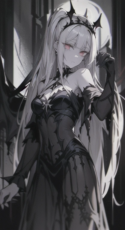 Queen Lillie, spiked wings, silver hair, dark castle, obsidian armor, pale white skin, ghostly appearance,