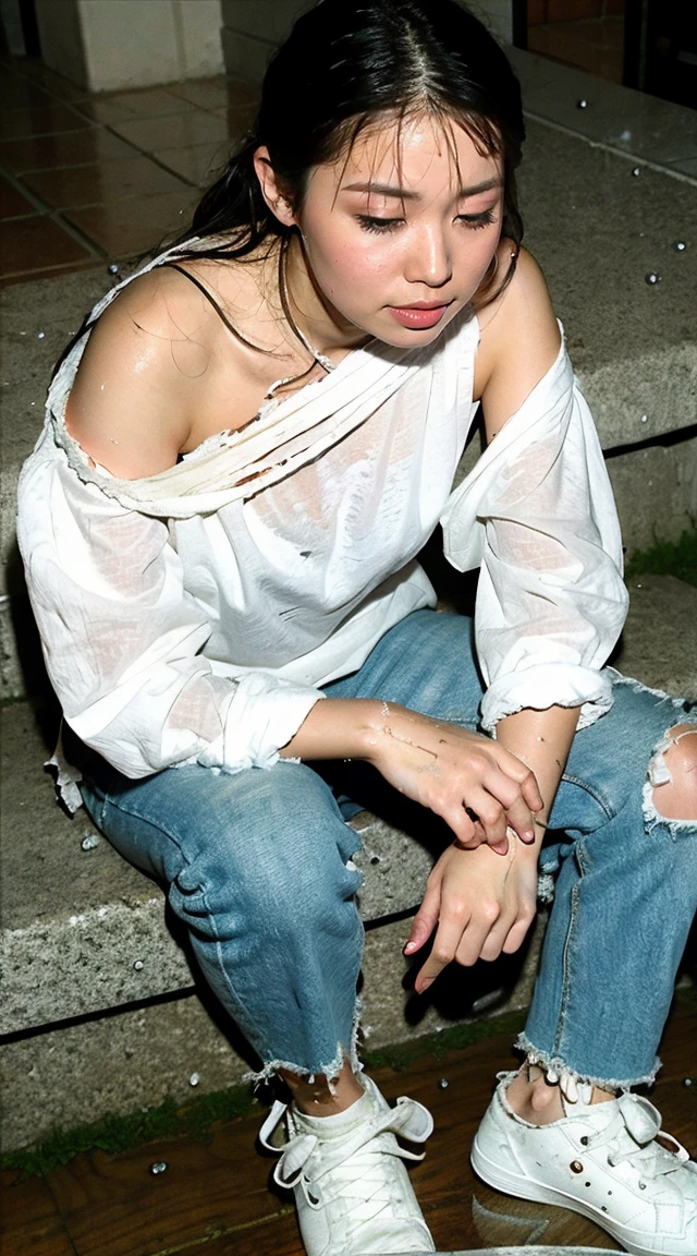 Best image quality, masterpiece, Ultra-high resolution, (Faithfulness:1.4), photograph, 1 Girl, White shirt, Ripped jeans, White sneakers, dim, darkness, despair, disappointing, poor, movie, tears, tears滴, (Torn clothes:1.5), (Wet clothes:1.4), Bare shoulders, Real Rain, Wet Hair,..