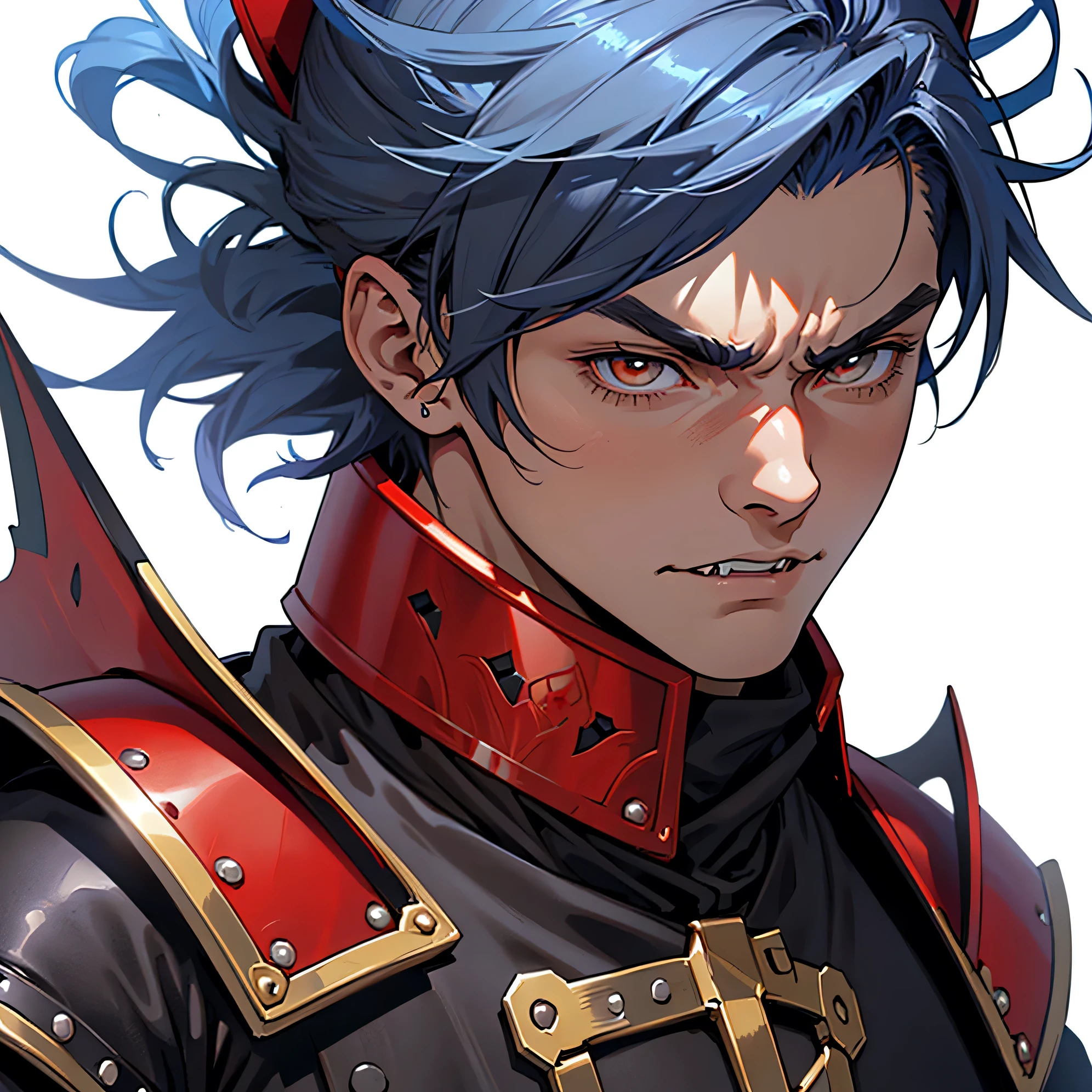 anime medieval art, masterpiece, best quality, male, 1 man, (((close-up face portrait))), detailed composition, detailed eyes, (((white background))), short spiky blue hair, brown eyes, angry face, (((wearing black clothes with red medieval armor))), cat ears, fangs