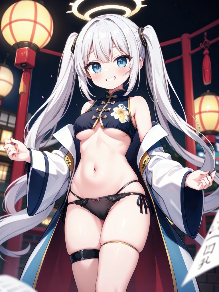 a very feminine japanese anime girl in some very provocative undies, 1girl, solo, breasts, stomach, smile, navel, twintails, long hair, thigh strap, blue eyes, looking at viewer, bare shoulders, long sleeves, grin, open clothes, underboob, medium breasts, paper lantern, thighs, panties, off shoulder, white hair, lantern, chinese clothes, halo, floral print, underwear, very long hair, cup, sleeveless, standing, black panties, string panties