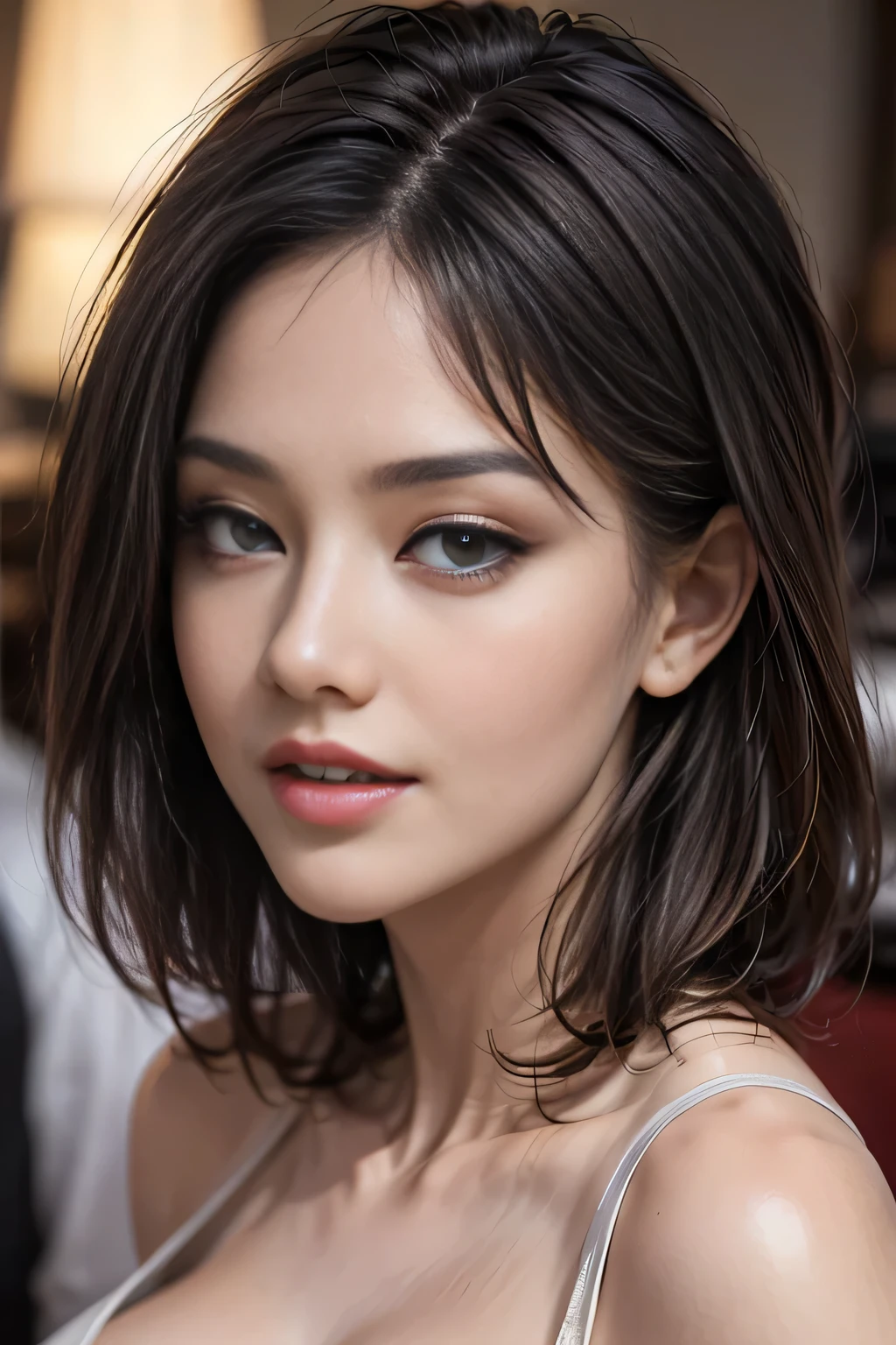 (masterpiece, Highest quality, 8k, Hyper Detail, Realistic), (1 female), Middle age, (Huge breasts), Awareness-raising，(Detailed eyes and face） Charm, Brunette color hair，Natural Makeup，Random color clothes（Brown eyes：1.05），Round Breasts，View your viewers，solo
