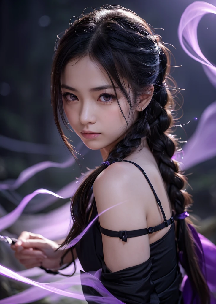 （Realisticな, photo-Realisticな:1.37),(8k, RAW Photos, Highest quality, masterpiece:1.2), cute, Super detailedな, 超High resolution, Kodak Vision Color, Filmed with an Arricam LT camera,Highest quality, sexy、Nipples are visible、Cleavage、Lively, 8K, High resolution, 1 girl, Escape, (Professional Lighting), (Portraiture:0.6), Arima Onsen townscape、Straight bangs、Japan House、Ninja House、 Braided hair、Braided Hair、Black Hair, (Medium Hair）,21 years old、slender、Japanese，Medium Hair、(Highest quality,4K,8k,High resolution,masterpiece:1.2),Super detailed,Sharp focus,Realistic,Realistic:1.37,Highly detailed eyes and face,Beautiful lip detail,mysterious,stealth,Night view,Dark Shadows,Dim Light,Dynamic pose,Action-packed,intense,Ruthless,Polished skills,Ninja silhouette,The sword cut through the air,Precision Attack,Jump in the air,Smoke enveloped her,The body was attacked,Expressive eyes convey determination and concentration,Purple flames in the background,Creates a strong and dramatic atmosphere,Contrasting colors,A faint moonlight shone in the forest.,Add an air of mystery,Purple color palette,Create a sense of intrigue and danger,The delicate, shiny patterns on the ninja outfit,Adds elegance and sophistication


