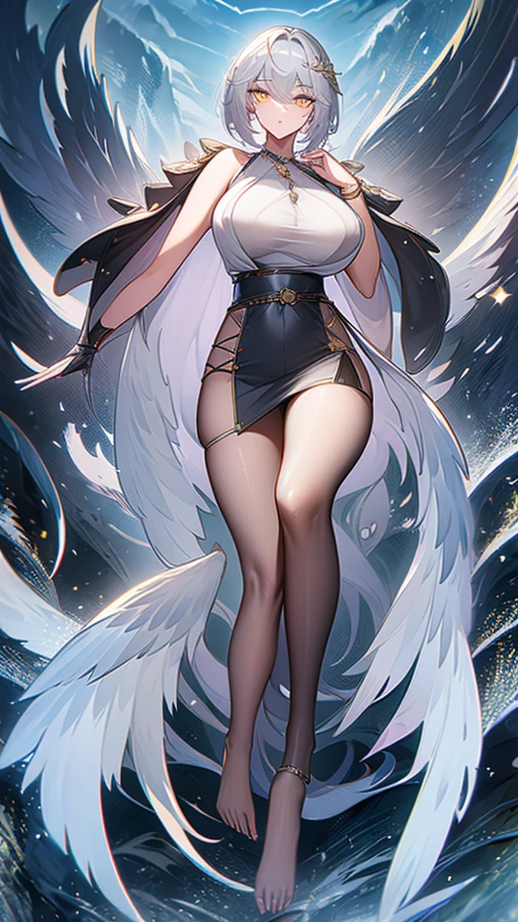 masterpiece, Highest quality:1.2),8k, 4K High Resolution, Super detailed, High-quality texture,High detail, High Quality Shadows, Beautiful and delicate face down to the last detail, Beautiful and delicate eyes、One Woman, alone,Shiny skin、Very large breasts、Very thick legs、Are standing、Composition from the front、smile、Look forward、Gray Hair、Stand up straight,Looking into the camera、Draw a face、Golden eyes、short hair、Depth of written boundary、Shiny black tight skirt、Sleeveless white business shirt、Put a belt around your waist、Show both armpits、Translucent white clothes、A position that shows off your armpits、Gold Necklace、black tights、Wet clothes、See-through clothing、See-through clothing