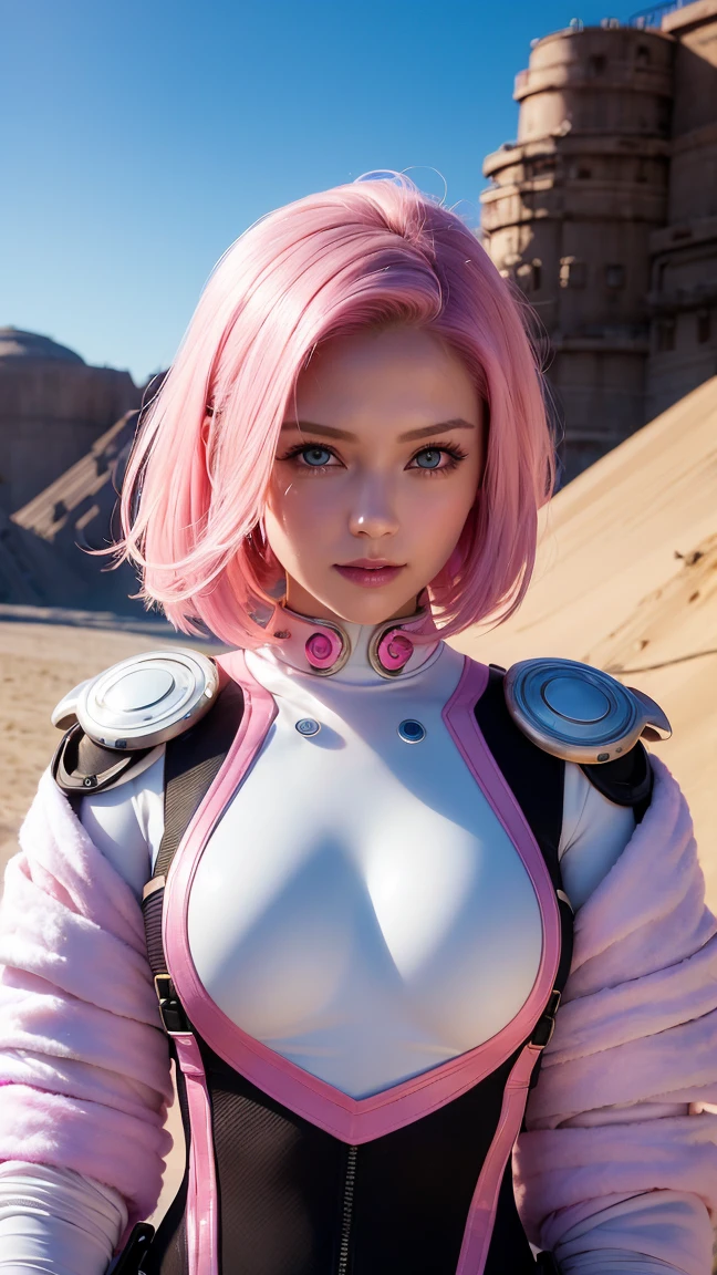 (((Pink Suit))), (((White bob hair))), (((Devilish smile))), (((Better Quality: 1.4))), (((Pink Hair))), (((Dune Walker))), (((Post-apocalyptic))), (An unbeatable masterpiece), (Hyper HD),(CG 8k Ultra-realistic), 1 Armed in the future world、Girl in colorful modern clothes. Ultra modern haircut, Perfect body with robotic parts, Big breasted, Perfect Ass, muscles without exaggeration, A beautiful face with clear blue eyes, Add texture to your clothes、Let's make something different, Add accessories like garter belts, Striped corset and gloves, Tanned, wet and radiant skin, Industrial environment with huge heavy machinery, Complex machinery and giant robot parts
