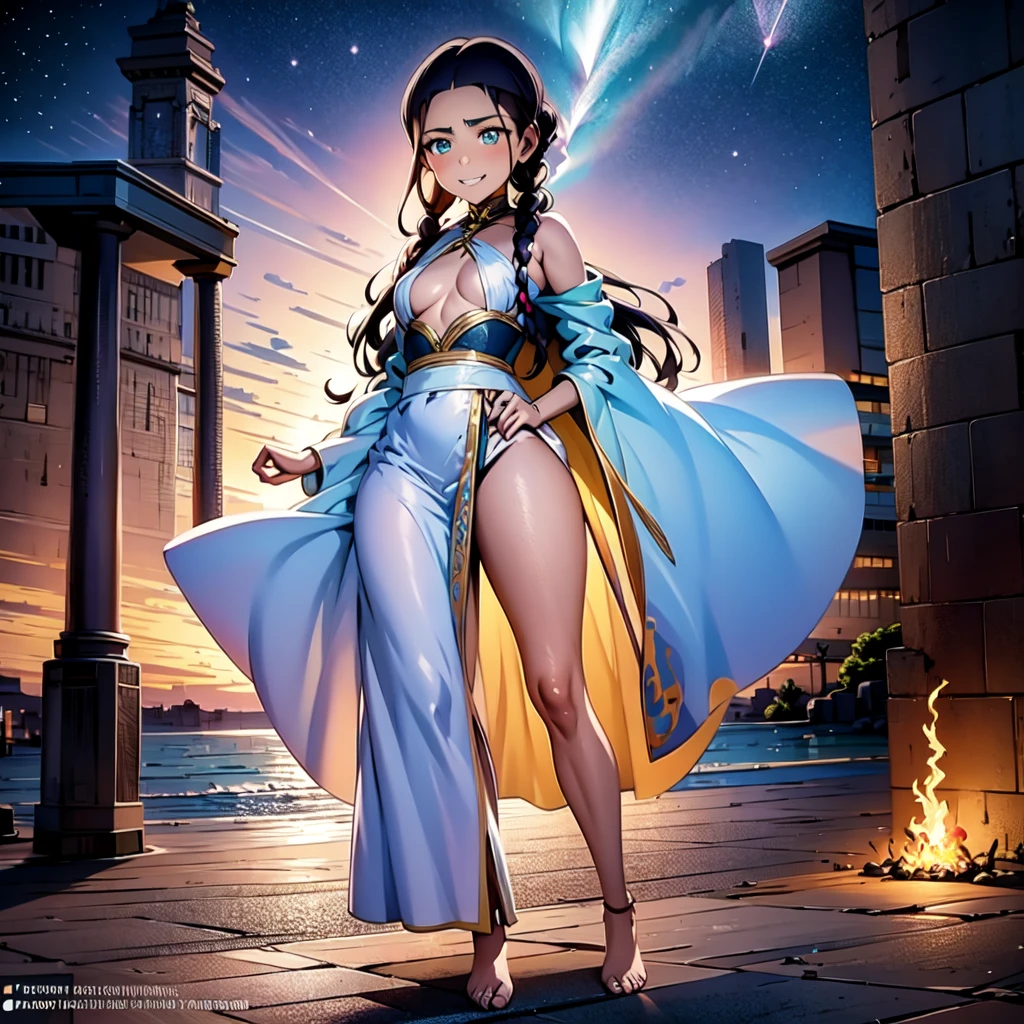 (obra maestra, mejor calidad:1.2), 1 chica, solo,kataramx1,katara, piel oscura, mujer de piel oscura, ojos azules, trenza, gargantilla, joyas , (Chapoteo:0.8), retrato, Solo, (cuerpo completo:0.6), mirando al espectador, antecedentes detallados, cara detallada, (tema nvdreampunk:1.1), ancient oracle, Mystic, sonrisa leve, estado de trance, white robes, mangas largas, bocanadas de incienso, bright magic lightning bursting from the eyes, glifos levitando, constelaciones en el fondo, magical lighting, epic atmosphere, epic composition,(((TINY BREASTS))),((())),(((((FULL BODY)))))