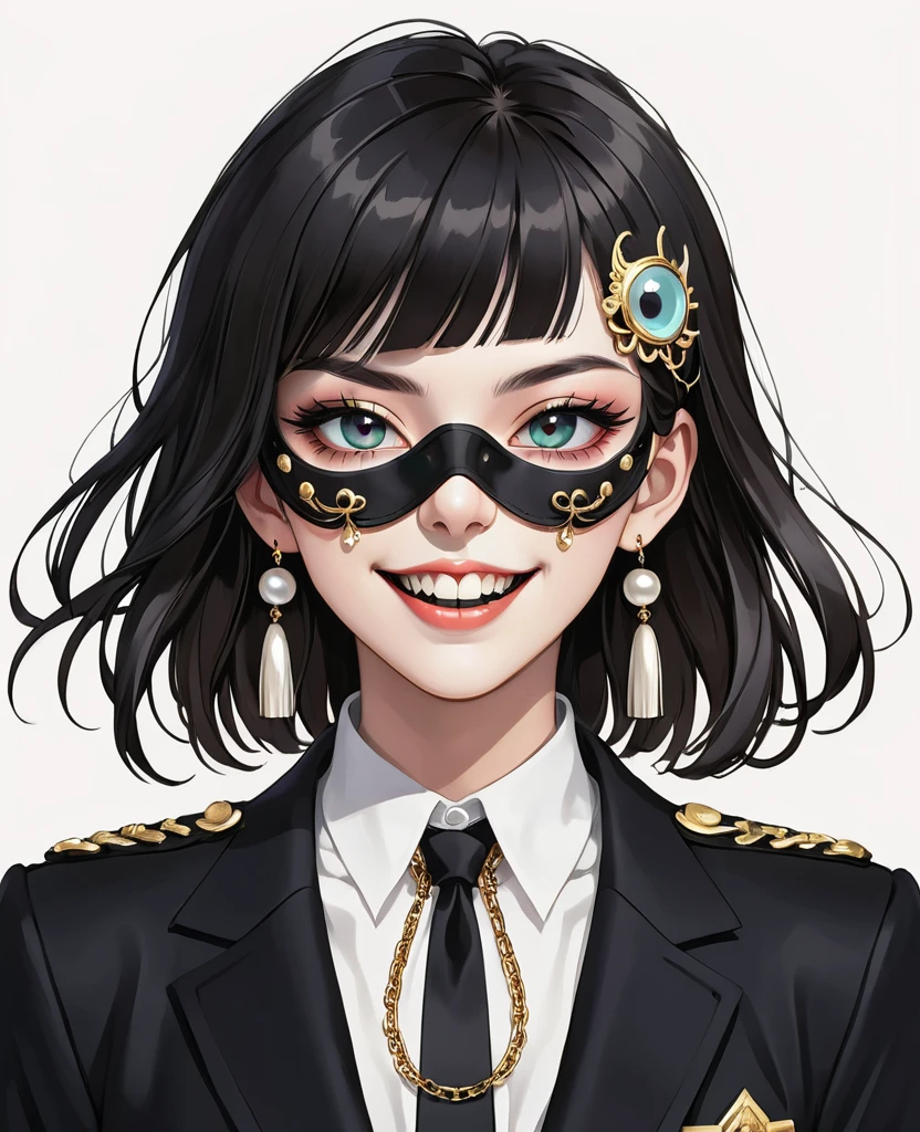 (Digital Illustration,Detailed anime style,Pearl tassel eye mask,Portrait of girl wearing mask eye patch,Solitary,symmetry),(Big colorful eyes,Fashionable and exquisite facial features,Exquisite makeup,Smooth skin,laughing out loud,Fangs,Soulful gaze,),(Straight Hair,Hairpin),(Black suit,Epaulettes-Chain,cool,),Clean and simple white background,(((Correct human anatomy)))