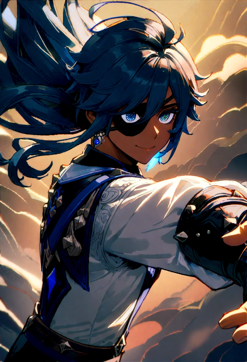(manly:1.5), kaeya (genshin impact), (1 girl:1.4), (male focus:1.5), (eyepatch:1.2), dark-skinned male, gloves, solo, jewelry, blue hair, earrings, (long hair:1.1), blue eyes, single earring, dark skin, bangs, black gloves, smile, fingerless gloves, closed mouth, (centered:1.4), (dynamic pose:1.5), (intricate details:1.2), 8k wallpaper, (Highest picture quality:1.5), (8k:1.4), (Masterpiece), (ultra-detailed), (Detailed eyes:1.4), (sharp details:1.3),