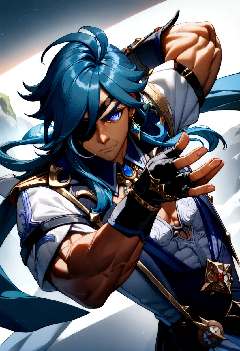 (manly:1.5), kaeya (genshin impact), (1 girl:1.4), (male focus:1.5), (eyepatch:1.2), dark-skinned male, gloves, solo, jewelry, blue hair, earrings, (long hair:1.1), blue eyes, single earring, dark skin, bangs, black gloves, smile, fingerless gloves, closed mouth, (centered:1.4), (dynamic pose:1.5), (intricate details:1.2), 8k wallpaper, (Highest picture quality:1.5), (8k:1.4), (Masterpiece), (ultra-detailed), (Detailed eyes:1.4), (sharp details:1.3),