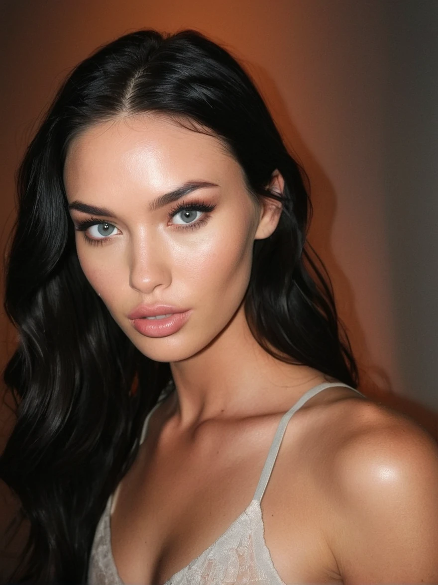 a realistic instagram photo of a [ really beautiful exotic androgynous supermodel 19 year old woman] , with [long, dark hair] , looks like [Megan FOX] and [Adriana Lima], light makeup, looking [innocent, cute, flushed] , [light] Formula 1 event, skin --ar 9:16 --stylize 750 --v 6